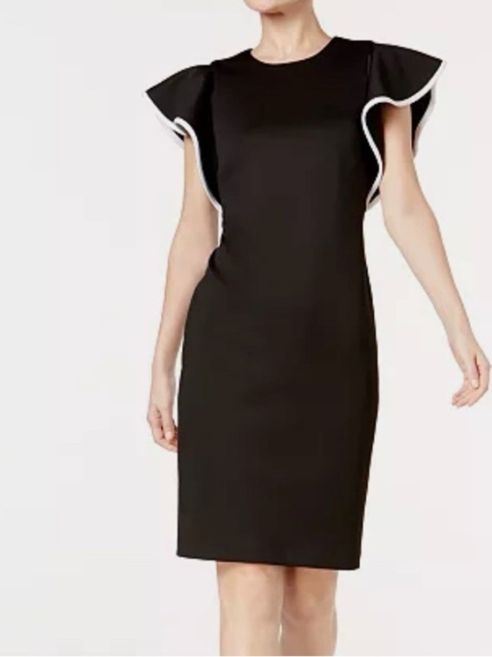 Calvin Klein Black Midi Dress with White-Trim Flutter Sleeves